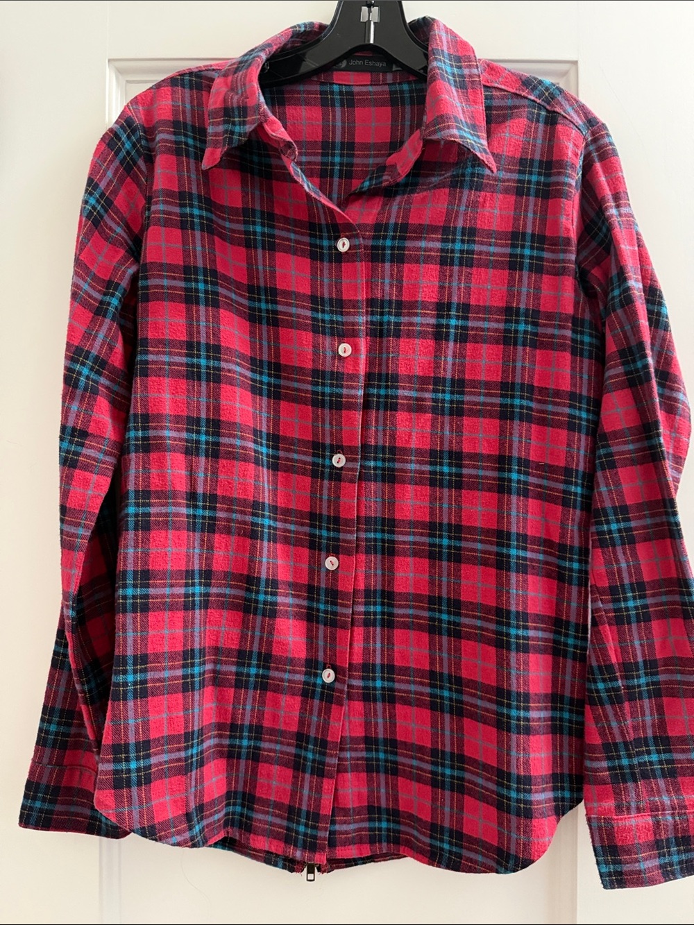 John Eshaya plaid button down with zipper in back